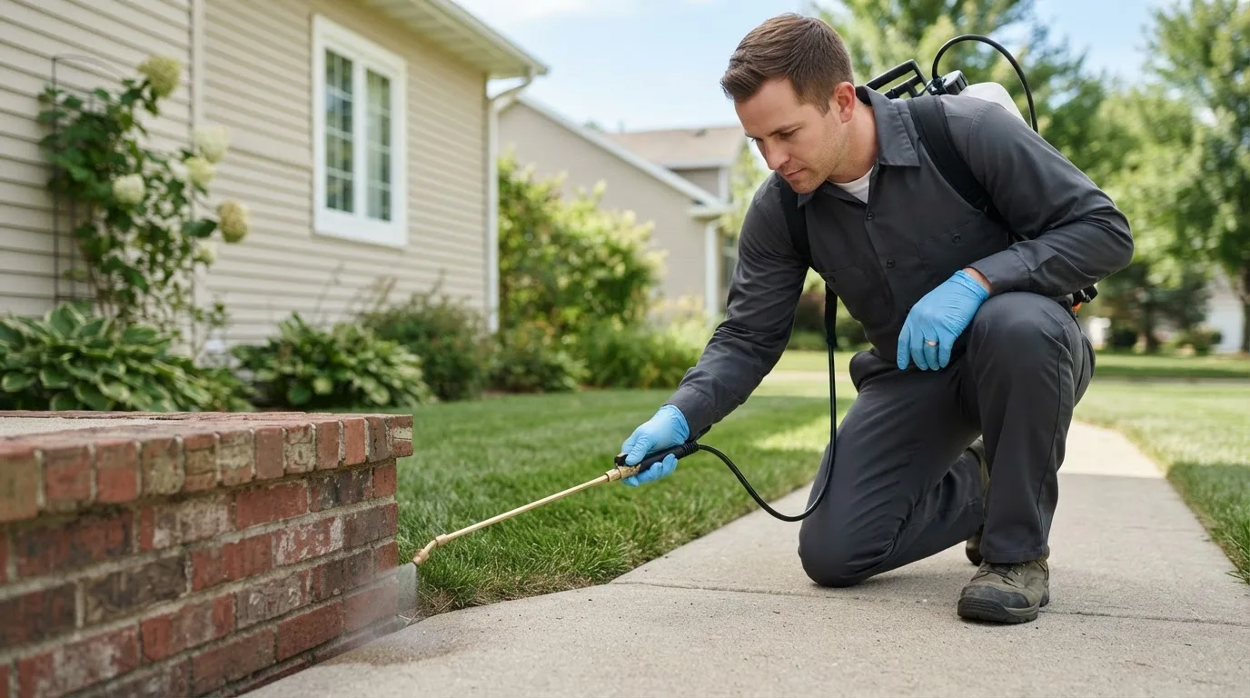 Pest control technician treating a home near Merritt, MI