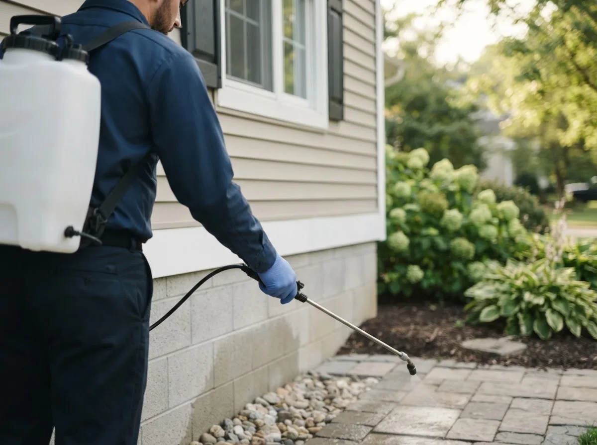Pest control technician inspecting a home in Merritt, MI